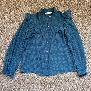 Zara Teal and White Polka Dot Shirt